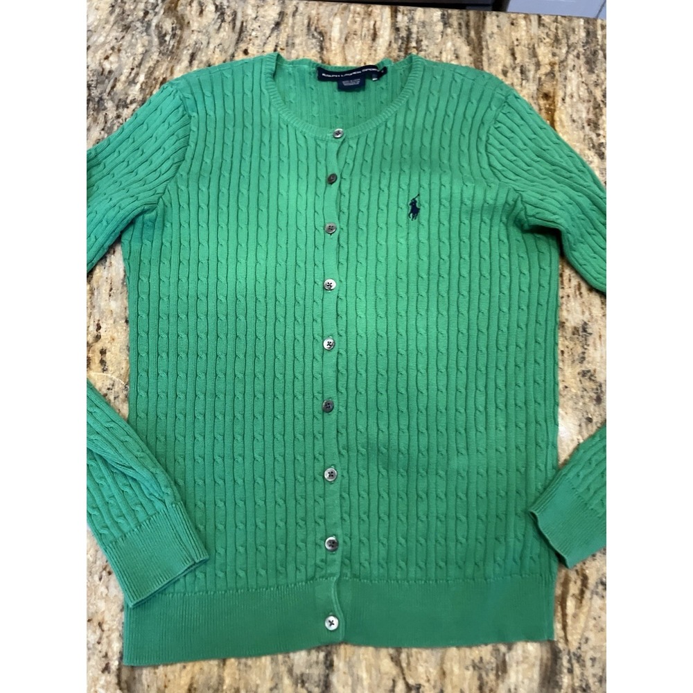 Ralph Lauren Sport Sweater Cable Knit Button Pony Blue Logo Green Women Size M